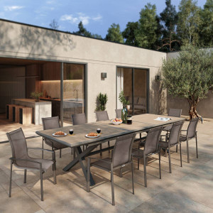 Fauteuil de jardin empilable AXANT Wengé / Praline Aluminium traité époxy, Texaline Hespéride