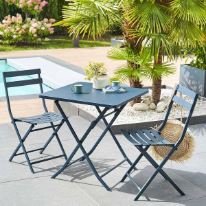 Table de jardin pliante carrée GREENSBORO Pétrole 2 places - Acier traité époxy, Traitement antirouille renforcé Hespéride
