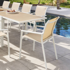 Fauteuil de jardin empilable ESSENTIA Lin / Blanc Aluminium traité époxy, Texaline Hespéride