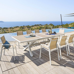 Table de jardin extensible AXIOME Effet bois Lin   Blanc 10 places - Aluminium traité époxy Hespéride