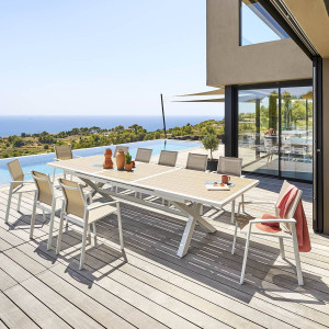 Table de jardin extensible AXIOME Effet bois Lin   Blanc 12 places - Aluminium traité époxy Hespéride