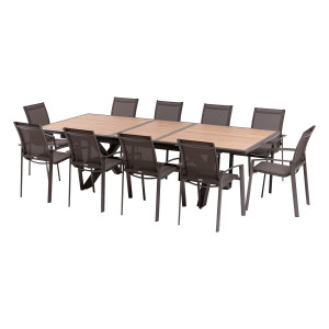 Ensemble table de jardin extensible AXIOME Effet bois honey + 10 fauteuils AXANT Praline places - Aluminium traité époxy, ECP Hespéride