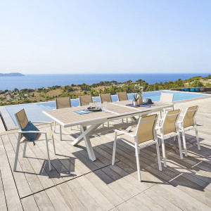Ensemble table de jardin extensible AXIOME Effet bois + 10 fauteuils AXANT Lin   Blanc places - Aluminium traité époxy, ECP Hespéride
