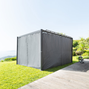 Pergola BELIZE Graphite + 1 kit de rideaux Ardoise 3,8 x 3 m - Aluminium traité époxy, Polycarbonate Hespéride