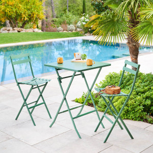 Ensemble table haute de jardin + 2 chaises hautes GREENSBORO Vert olive places - Acier traité époxy, Traitement antirouille renforcé Hespéride