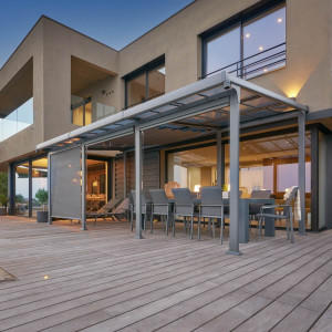 Pergola ENOLIE avec 1 extension, toile et store Aluminium traité époxy Hespéride