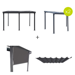 Pergola ENOLIE avec 2 extensions, 1 toile et store Aluminium traité époxy Hespéride