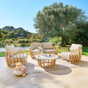 Salon de jardin LEMINDO Eucalyptus 5 places - certifié FSC®, Polyester Hespéride