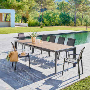 Table de jardin EVASION Effet bois Honey / Graphite 10 places - Aluminium traité époxy Hespéride