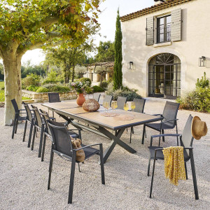 Table de jardin extensible AXIOME Effet bois Noix   Graphite 12 places - Aluminium traité époxy Hespéride