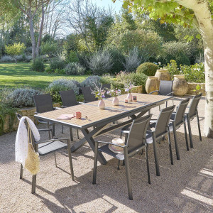 Table de jardin extensible AXIOME Effet bois Noix   Graphite 10 places - Aluminium traité époxy Hespéride