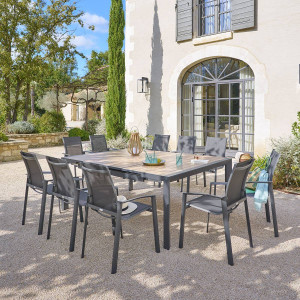 Table de jardin carré EVASION Effet bois Honey / Graphite 10 places - Aluminium traité époxy, Lattes Hespéride
