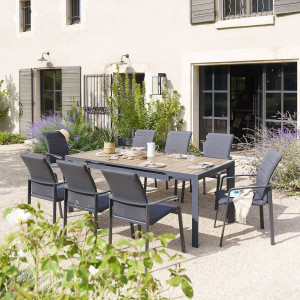 Table de jardin EVASION Effet bois Honey / Graphite 8 places - Aluminium traité époxy, Lattes Hespéride