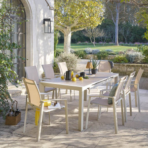Table de jardin EVASION Effet bois Lin / Argile 8 places - Aluminium traité époxy, Lattes Hespéride