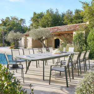 Table de jardin extensible PULPY Vert laurier   Gris granite 12 places - Aluminium traité époxy, Verre revêtement céramique Hespéride