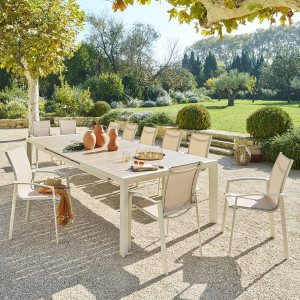 Table de jardin extensible ÉVASION Effet bois Lin   Argile 14 places - Aluminium traité époxy, Lattes Hespéride