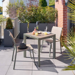 Table de jardin ÉVASION Effet bois Lin   Vert laurier 2 places - Aluminium traité époxy, Lattes Hespéride