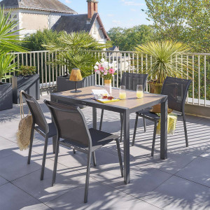 Table de jardin EVASION Effet bois Honey / Graphite 4 places - Aluminium traité époxy, Lattes Hespéride