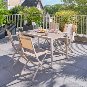 Table de jardin Effet bois Lin / Argile 4 places - Aluminium traité époxy, Lattes Hespéride