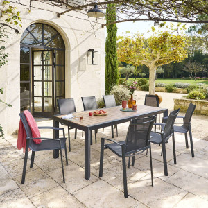 Table de jardin ÉVASION Effet bois Honey   Graphite 8 places - Aluminium traité époxy, Lattes Hespéride
