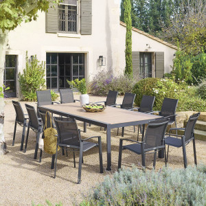 Table de jardin ÉVASION Effet bois Honey   Graphite 12 places - Aluminium traité époxy, Lattes Hespéride