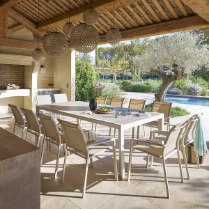 Table de jardin ÉVASION Effet bois Lin   Argile 12 places - Aluminium traité époxy, Lattes Hespéride