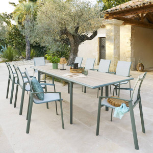 Table de jardin DILORS Effet bois Lin   Vert laurier 10 places - Aluminium traité époxy Hespéride