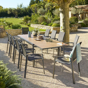 Table de jardin extensible coulissante ÉVASION Effet bois Honey   Graphite 10 places - Aluminium traité époxy, Lattes Hespéride
