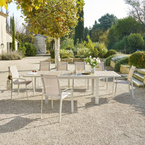 Table de jardin extensible coulissante ÉVASION Effet bois Lin   Argile 10 places - Aluminium traité époxy, Lattes Hespéride
