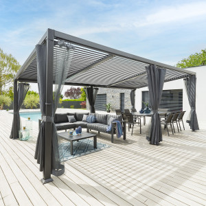 Pergola AVILA Graphite avec 1 kit de rideaux 6 x 3,5 m - Aluminium traité époxy Hespéride