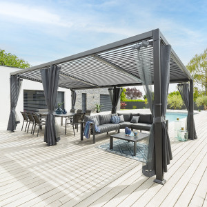 Pergola AVILA Graphite avec 1 kit de moustiquaire et rideaux 6 x 3,5 m - Aluminium traité époxy Hespéride