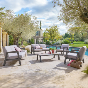 Salon de jardin AXIOME Praline 7 places - Aluminium traité époxy, Oléfine Hespéride