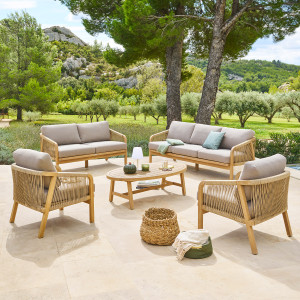 Salon de jardin PAPOUASIE Acacia 7 places - certifié FSC®, Polyester Hespéride