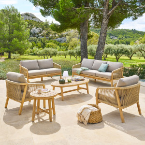 Salon de jardin PAPOUASIE Acacia 7 places - certifié FSC®, Polyester Hespéride