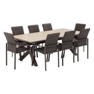 Ensemble table de jardin AXIOME Vanille   Marron + 8 fauteuils DIESE Praline places - Aluminium traité époxy, ECP Hespéride