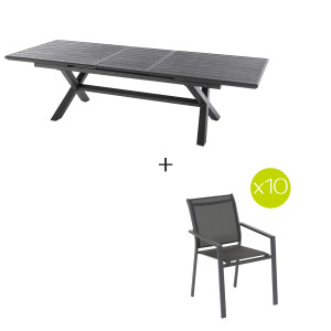 Ensemble table de jardin extensible AXIOME Ardoise granitée + 10 fauteuils empilables ESSENTIA places - Aluminium traité époxy, ECP Hespéride