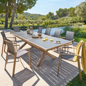 Ensemble table de jardin extensible AXIOME Honey   Graphite + 10 fauteuils empilables AXANT places - Aluminium traité époxy, ECP Hespéride