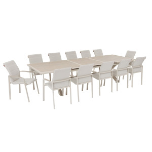 Ensemble table de jardin extensible AXIOME + 12 fauteuils empilables DIESE Argile places - Aluminium traité époxy, ECP Hespéride