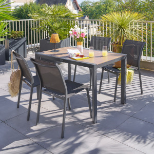Ensemble table de jardin ÉVASION + 4 chaises empilables ESSENTIA Graphite places - Aluminium traité époxy Hespéride
