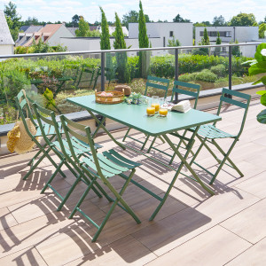 Ensemble table de jardin rectangle + 6 chaises empilables GREENSBORO Vert Olive places - Acier traité époxy, Traitement antirouille renforcé Hespéride