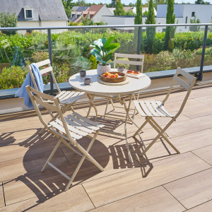 Ensemble table de jardin ronde + 4 chaises empilables GREENSBORO Argile places - Acier traité époxy, Traitement antirouille renforcé Hespéride