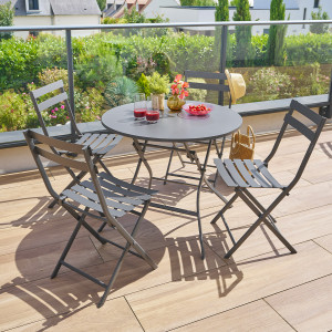 Ensemble table de jardin ronde + 4 chaises empilables GREENSBORO Graphite places - Acier traité époxy, Traitement antirouille renforcé Hespéride