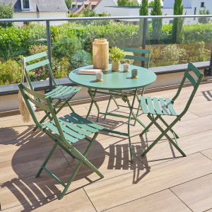 Ensemble table de jardin ronde + 4 chaises empilables GREENSBORO Vert Olive places - Acier traité époxy, Traitement antirouille renforcé Hespéride