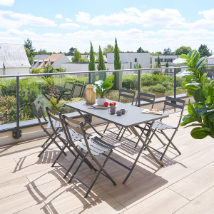 Ensemble table de jardin rectangle + 6 chaises empilables GREENSBORO Graphite places - Acier traité époxy, Traitement antirouille renforcé Hespéride