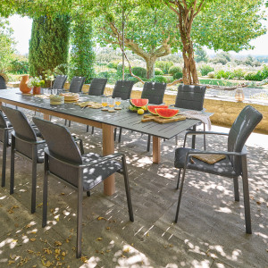 Ensemble table de jardin extensible MICEIRA + 10 fauteuils empilables DIESE Graphite places - Aluminium traité époxy Hespéride