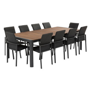 Ensemble table de jardin extensible PARADIZE + 10 fauteuils empilables DIESE Graphite 12 places - Aluminium, Acacia certifié FSC® Hespéride