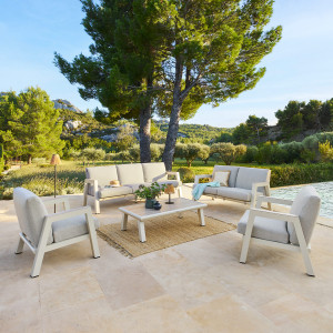 Salon de jardin AXIOME Argile 7 places - Aluminium traité époxy, Oléfine Hespéride
