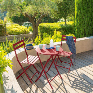 Ensemble table de jardin pliante ronde + 2 chaises GREENSBORO Groseille places - Acier traité époxy, Traitement antirouille renforcé Hespéride