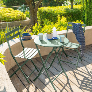 Ensemble table de jardin pliante ronde + 2 chaises GREENSBORO Vert olive places - Acier traité époxy, Traitement antirouille renforcé Hespéride