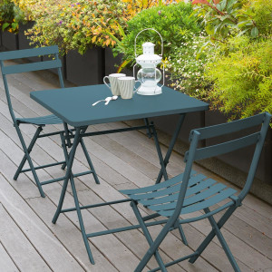 Ensemble table de jardin pliante carrée + 2 chaises GREENSBORO Bleu canard places - Acier traité époxy, Traitement antirouille renforcé Hespéride